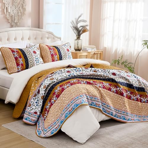Yiran Boho Quilt Set Queen Size Tango Orange Patchwork Bedspreads