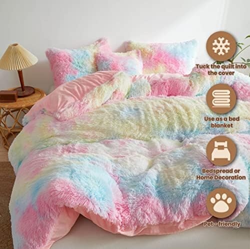 MEGO Rainbow Fluffy Duvet Cover Set Queen Size