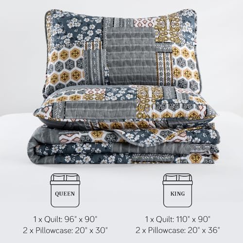 Mybedsoul Dark Grey Plaid Quilt Set King Size