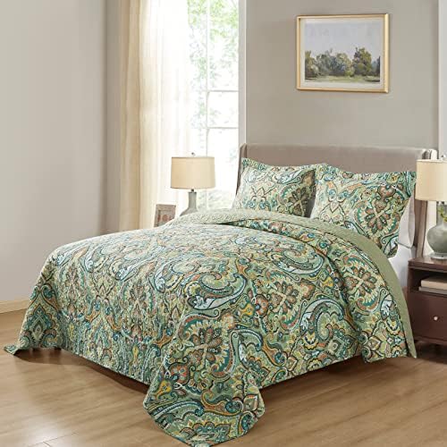 NEWLAKE Reversible Patchwork Quilt Set - European Green Floral California King