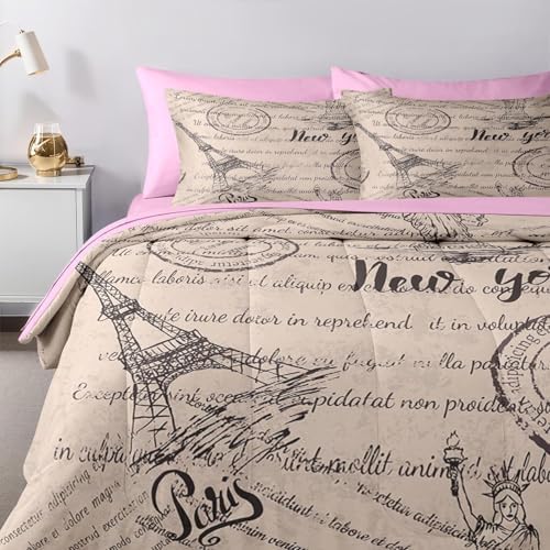 Nesker 7 Pcs Queen Comforter Set with Eiffel Tower Design