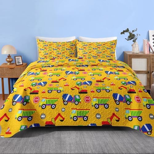 Pamnest Quilt Set Full Queen Size Cartoon Construction Car 3 Pcs