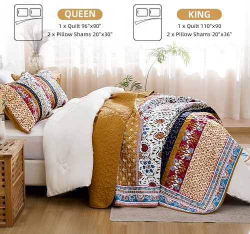 Yiran Boho Quilt Set Queen Size Tango Orange Patchwork Bedspreads