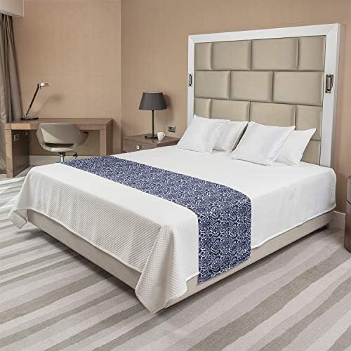 Ambesonne Victorian Bed Runner Baroque Damask Motif Queen Size Indigo and White