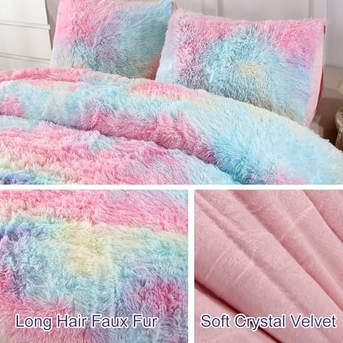 WINLIFE Rainbow Tie Dye Faux Fur Comforter Set Twin