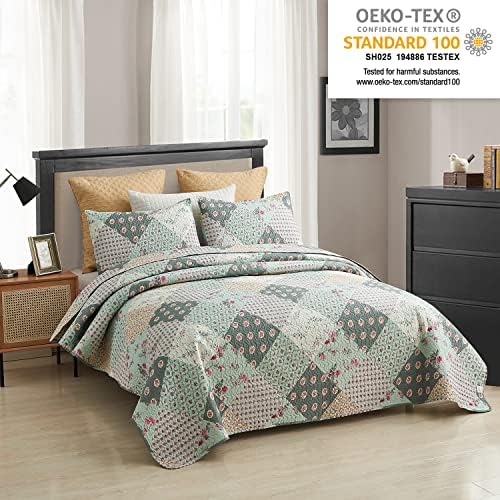 MERRY HOME Quilt Set with 2 Pillow Shams - Floral Plaid Queen Bedding