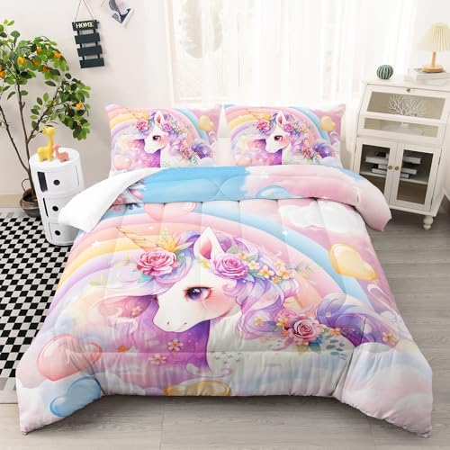 Kawaii Rainbow Unicorn 3-Piece Comforter Set Twin