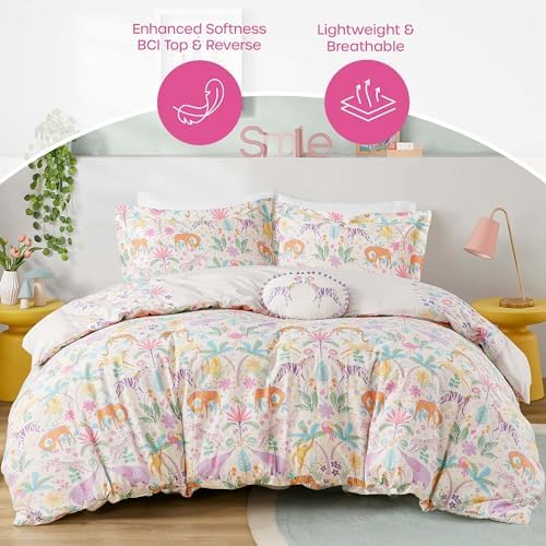 Queen Duvet Cover Set - Jungle Animals Floral Reversible Design