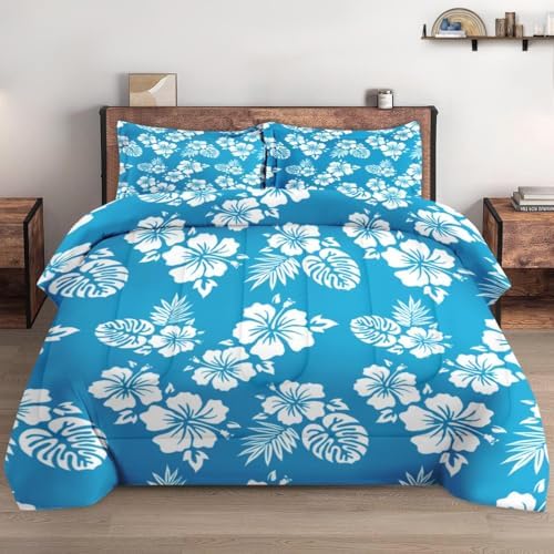 Pamnest Queen Comforter Set Blue Hawaiian Flower 3 Pcs