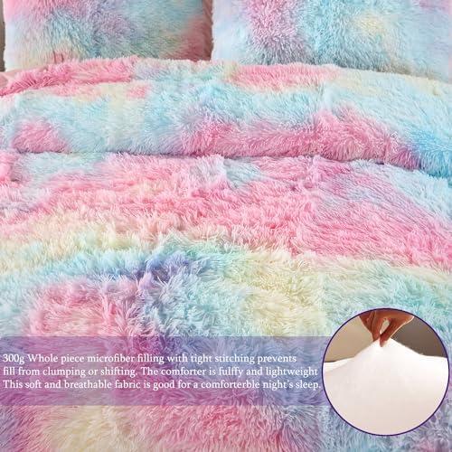 WINLIFE Rainbow Tie Dye Faux Fur Comforter Set Twin