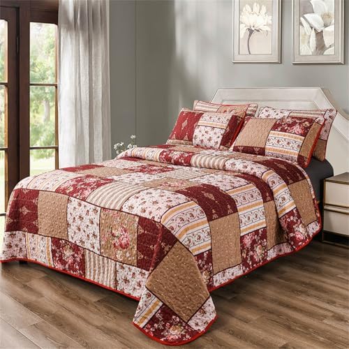 YASMENG 3-Piece Floral Plaid Quilt Set King