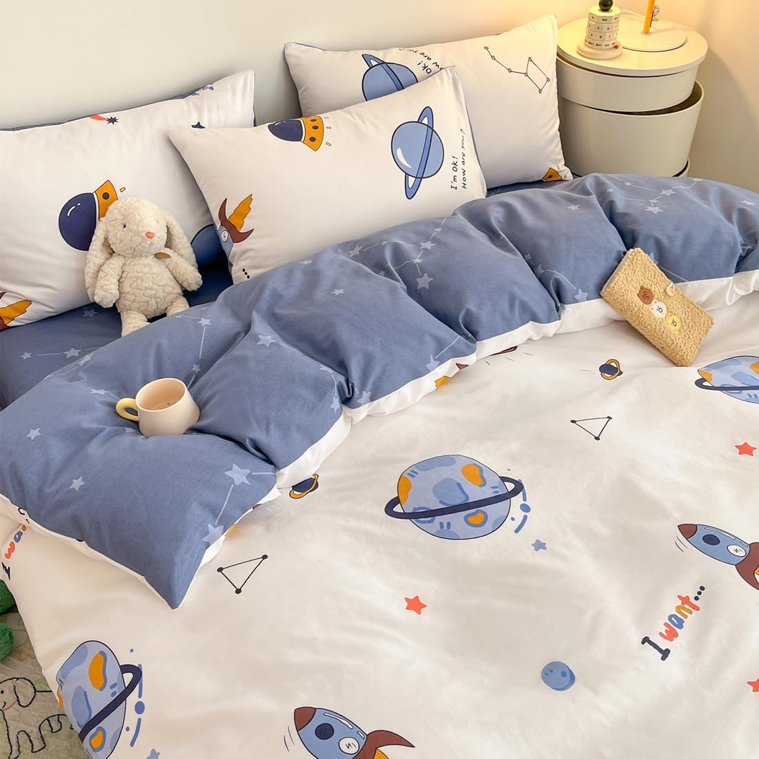 LIWHENHAO 100 Cotton Duvet Cover Set Queen with Space Cartoon Print