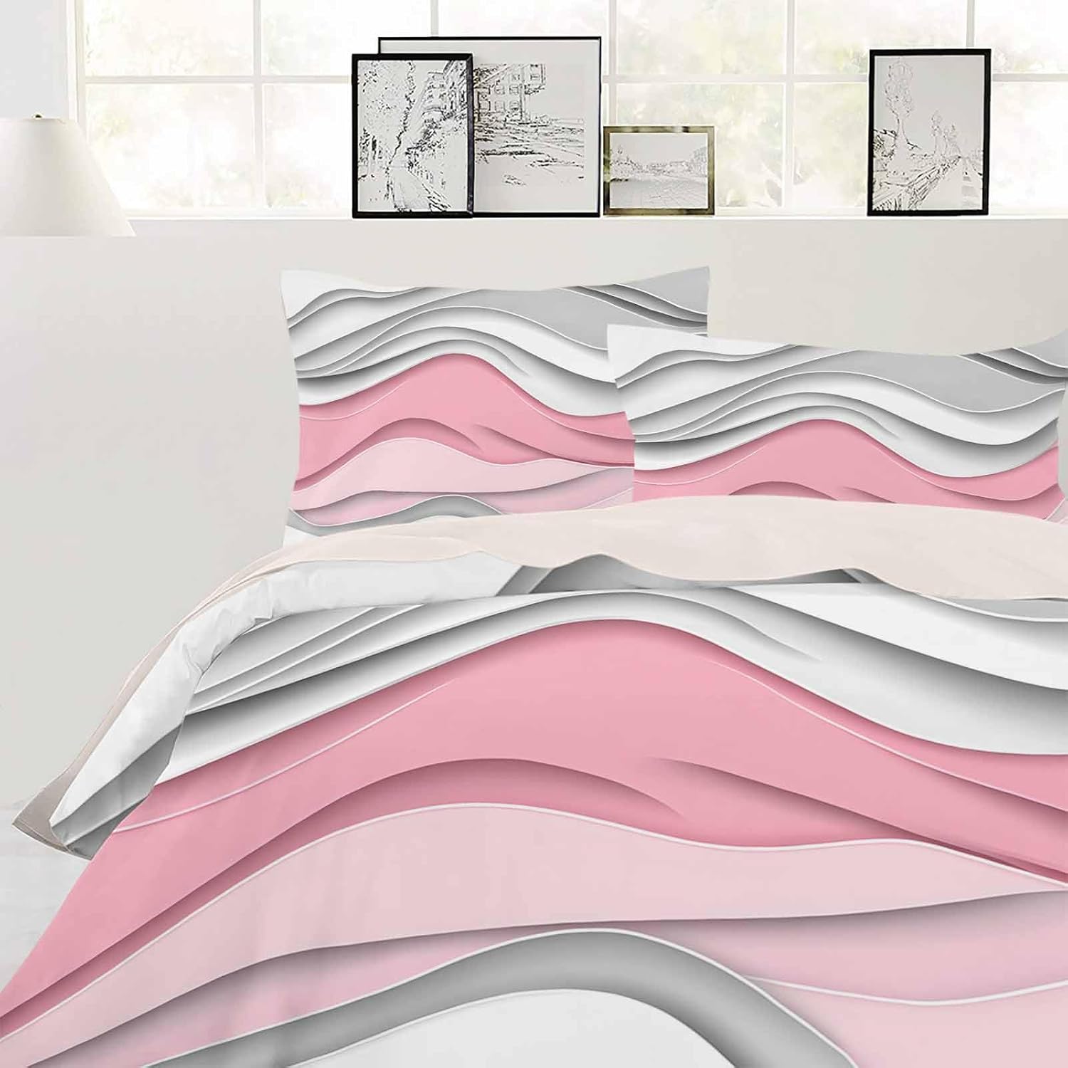 ZOE GARDEN Pink Grey Queen Duvet Cover Set
