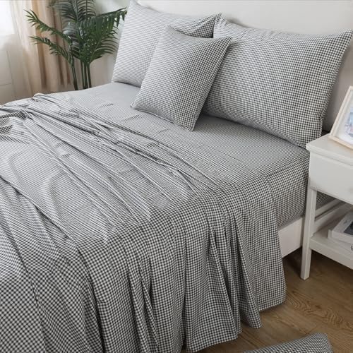FADFAY Cal King Black Plaid 100 Cotton Sheet Set