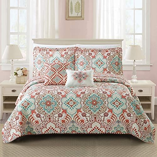 Bennington Damask Printed Microfiber Quilt Set Queen 90x90 5 Piece with Shams Pillows
