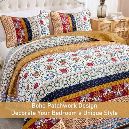 Yiran Boho Quilt Set Queen Size Tango Orange Patchwork Bedspreads
