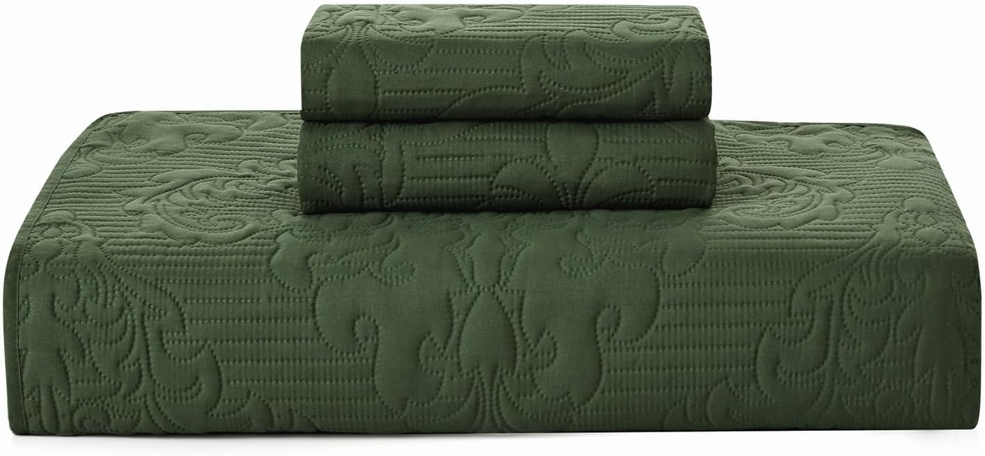 Hansleep Olive Green Quilt Queen Set - Damask Ultra Soft Bedspread 2 Pillow Shams