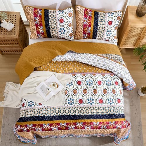 Yiran Boho Quilt Set Queen Size Tango Orange Patchwork Bedspreads