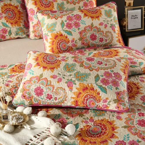 YASMENG 100 Cotton Boho King Quilt Set 3 Pc