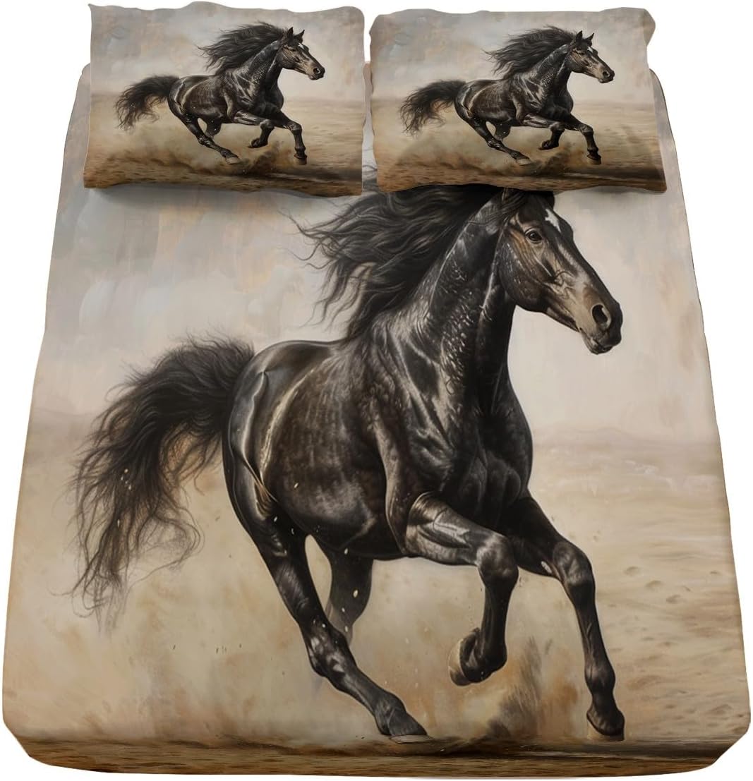 3D Animal Black Horse Bed Sheet Set 4pcs California King 1