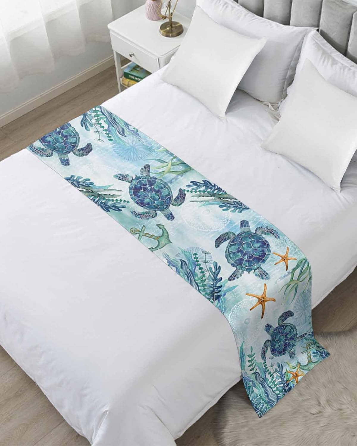 DecorLovee Coastal Sea Turtle Bed Runner Queen Size