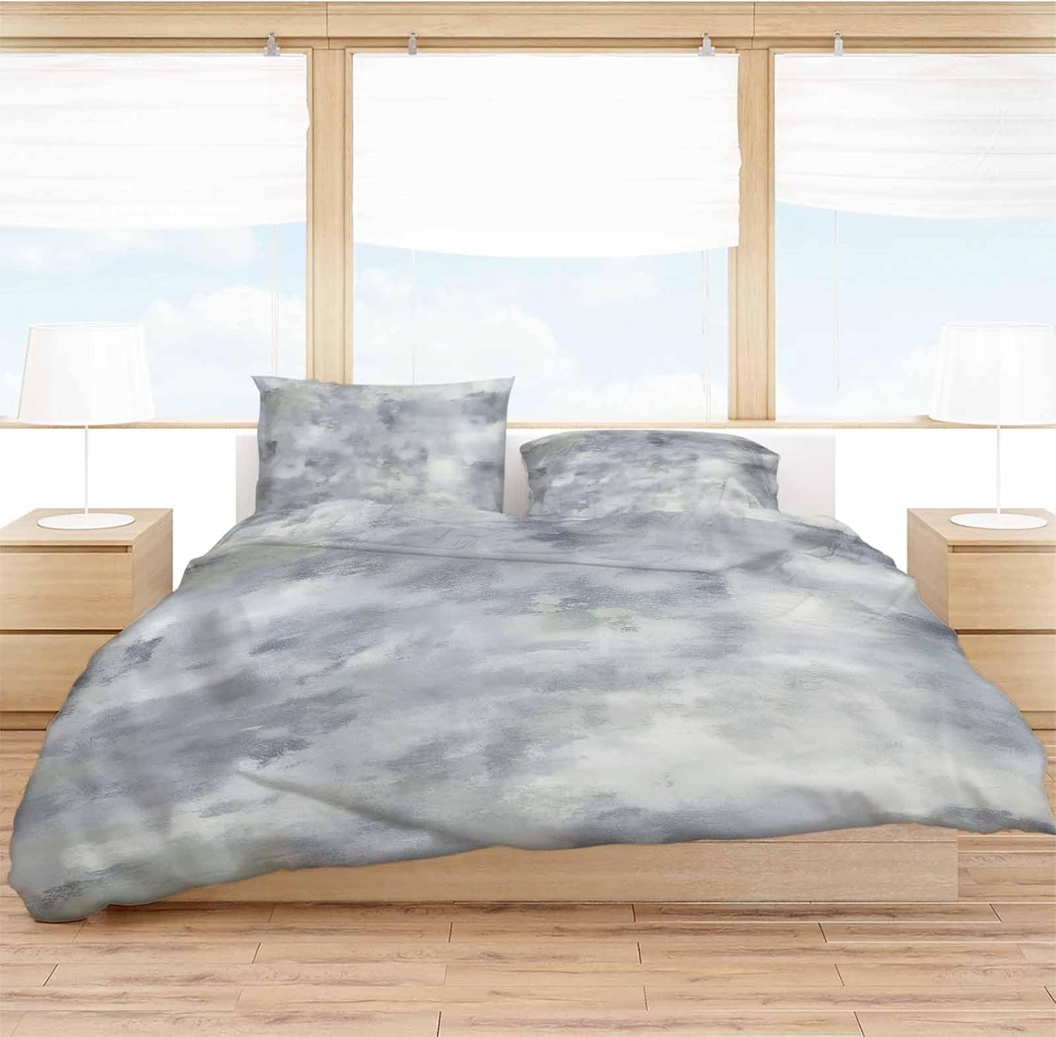 Gray Blue Duvet Cover Set Cal King Abstract Contemporary Graffiti Art
