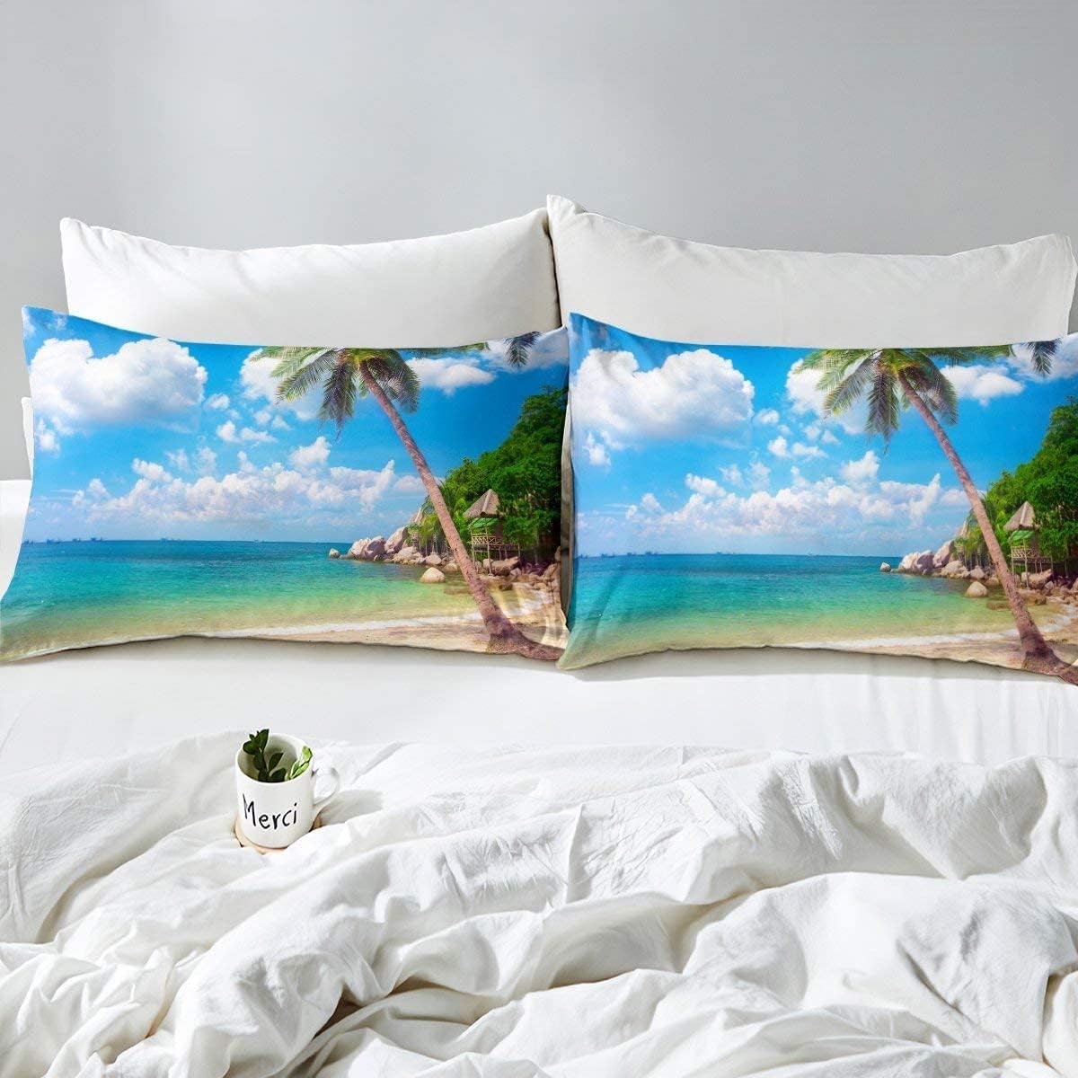 Erosebridal Ocean Beach King Size Sheet Set with Palm Trees