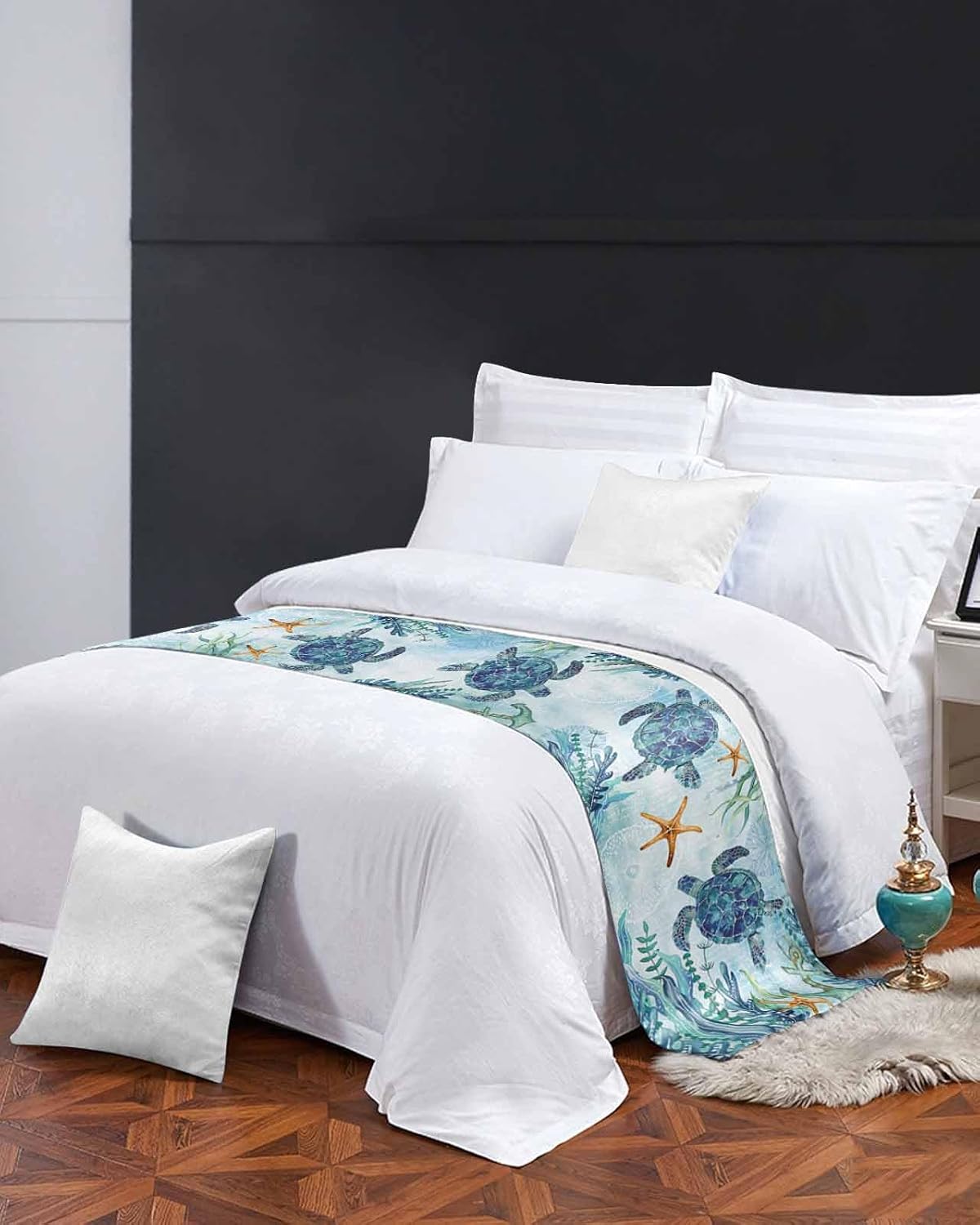 DecorLovee Coastal Sea Turtle Bed Runner Queen Size