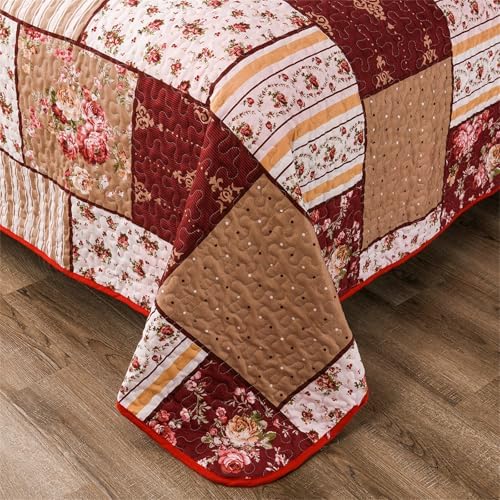YASMENG 3-Piece Floral Plaid Quilt Set King