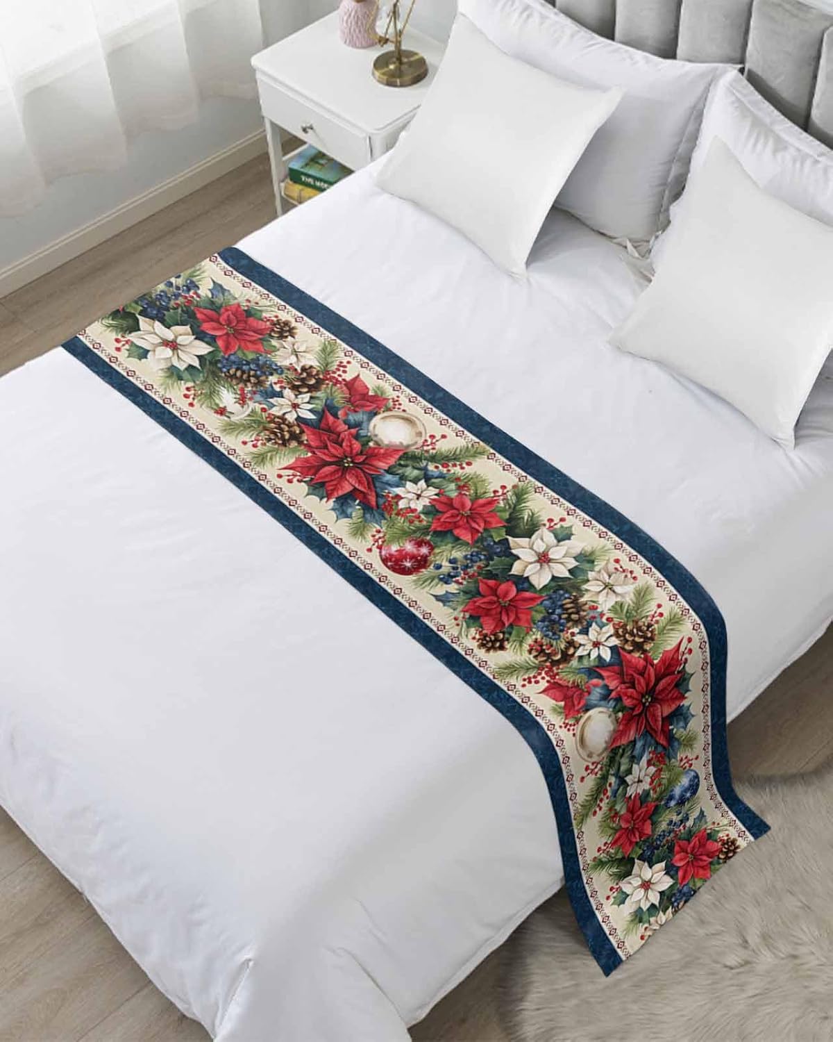 Chucoco Red Poinsettia Bed Runner Scarf Queen Size