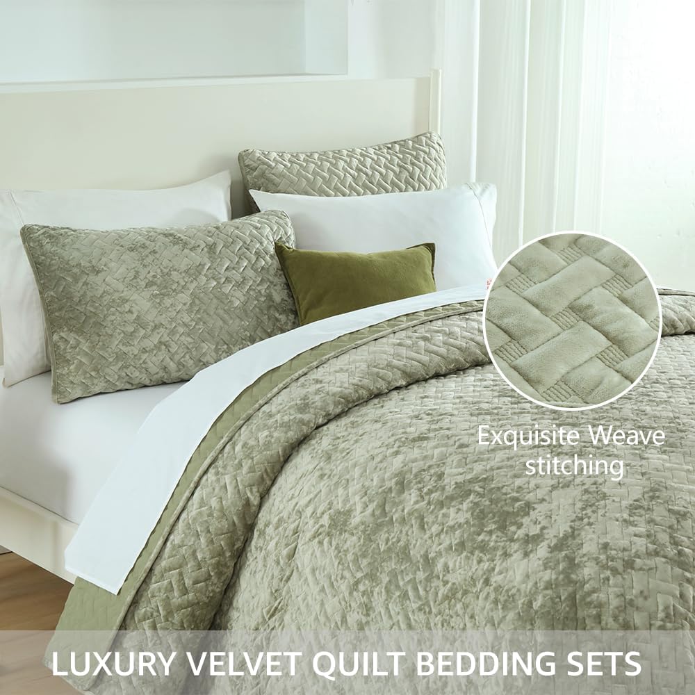 Liians Velvet Bedspread Comforter Set Queen Size Sage Green