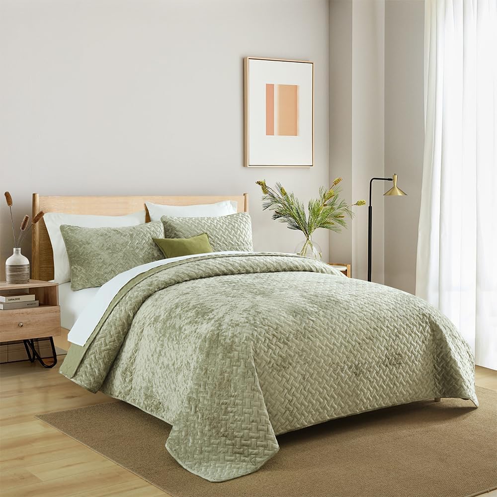 Liians Velvet Bedspread Comforter Set Queen Size Sage Green