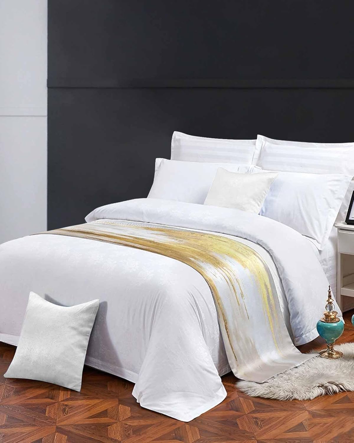 Gold Grey Bed Runner Scarf for California King Size