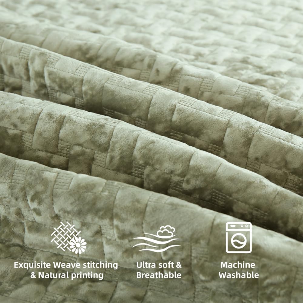 Liians Velvet Bedspread Comforter Set Queen Size Sage Green
