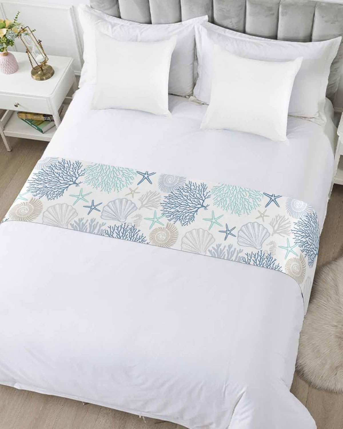 RisQiten Blue Aqua Grey Coastal Bed Runner Cal King 1