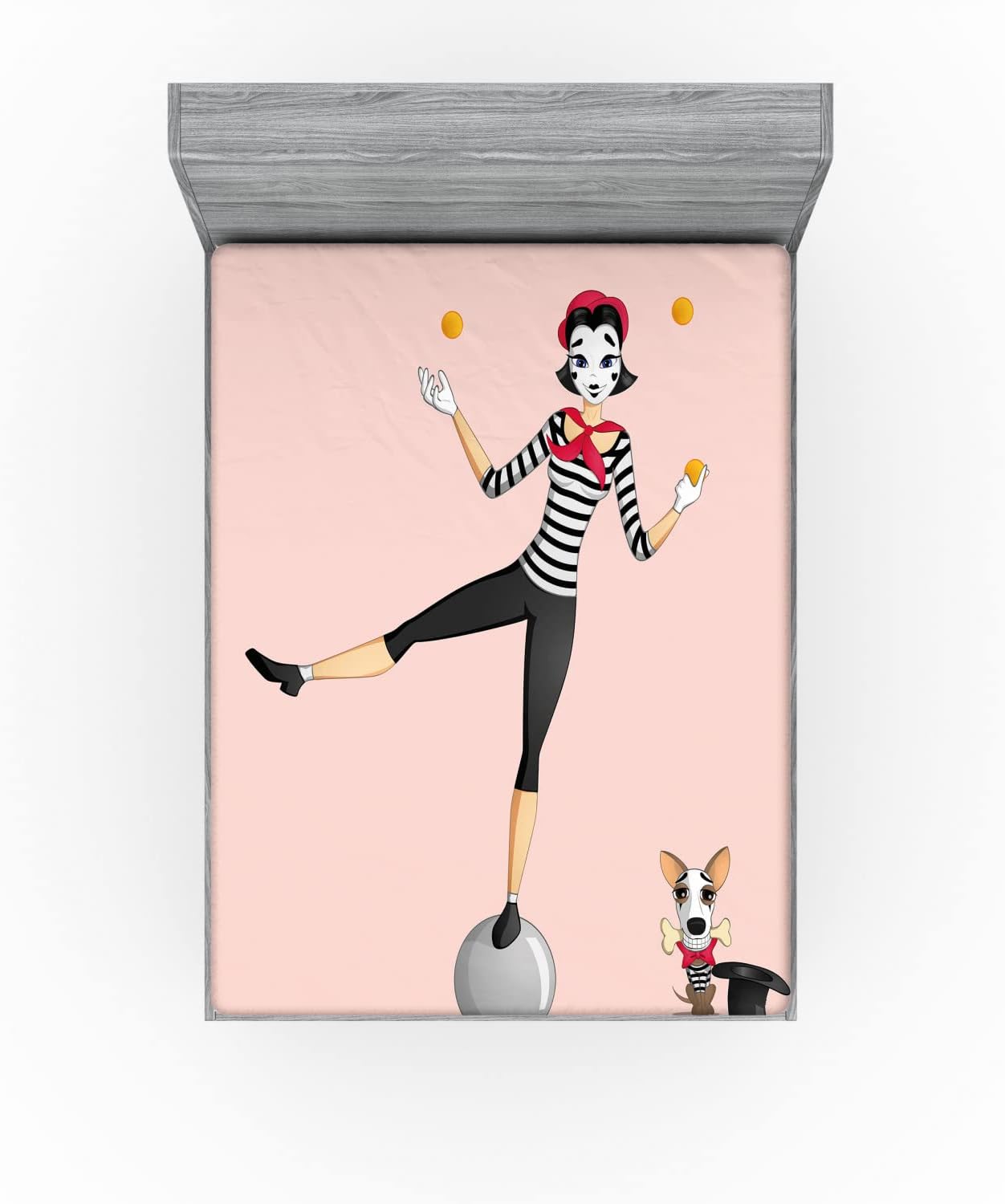 Ambesonne Cartoon Sheet Mime Girl Juggling with Puppy California King Dark Grey