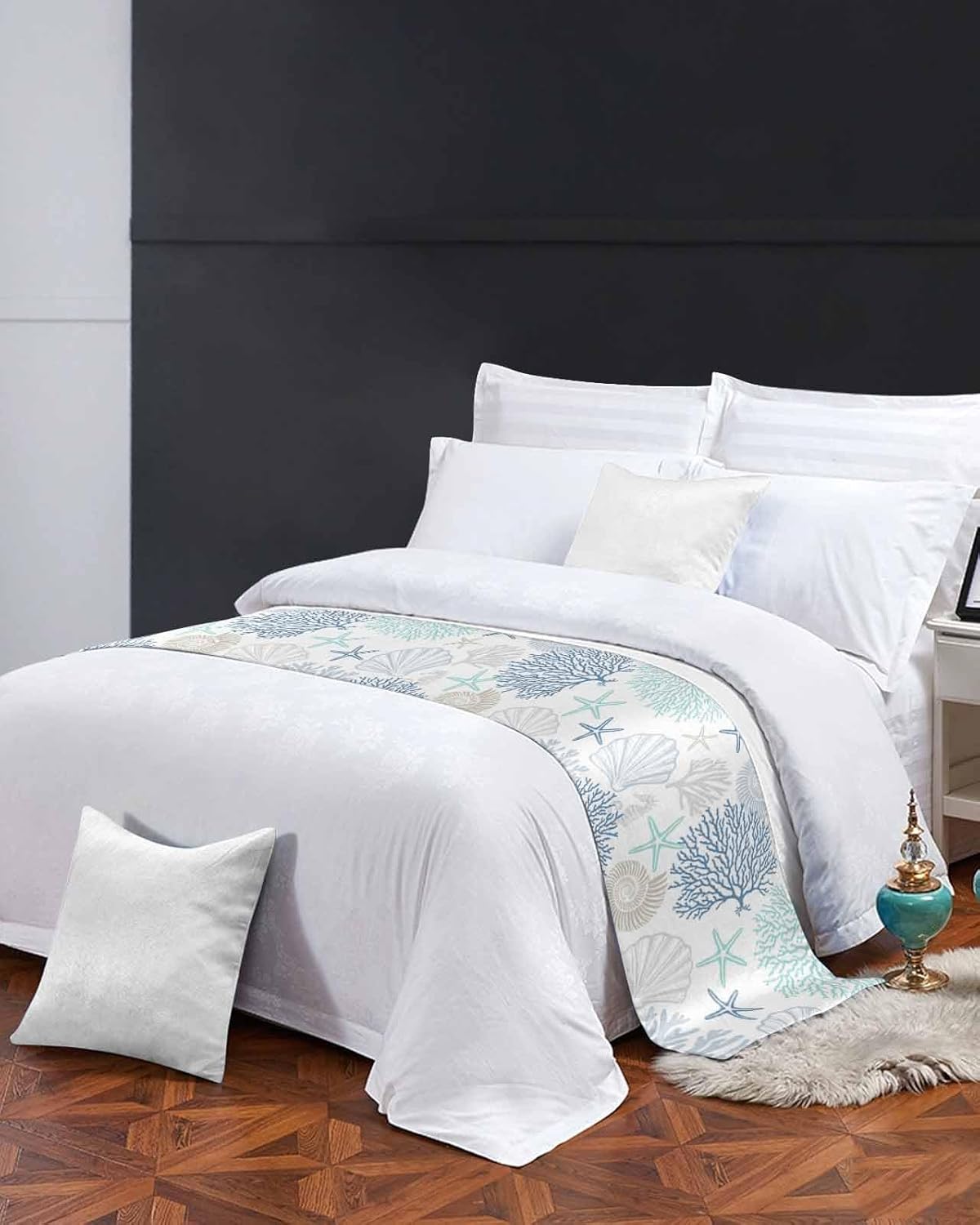 RisQiten Blue Aqua Grey Coastal Bed Runner Cal King 1
