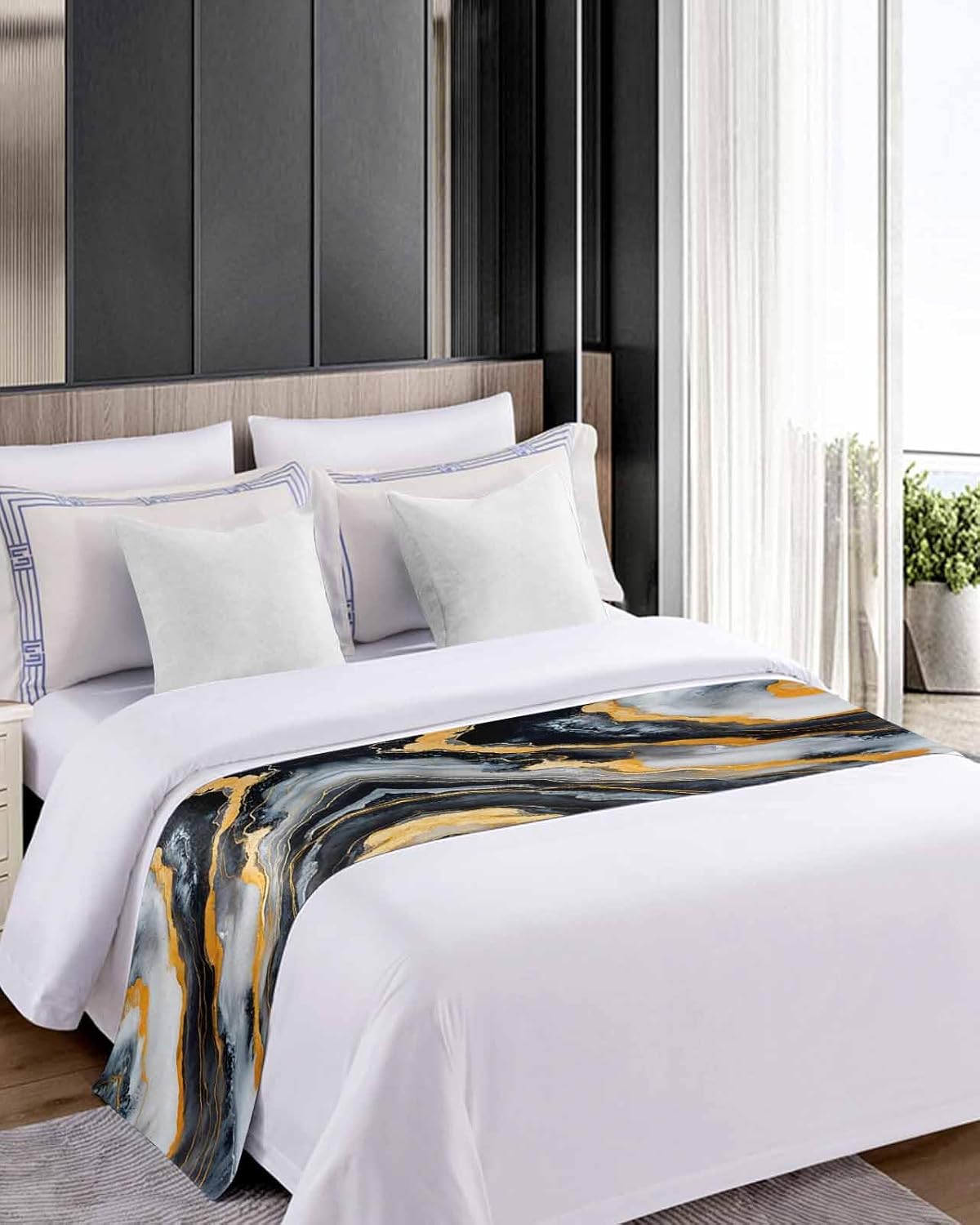 Sabolny Marble Black Gray Bed Runner Scarf Cal King