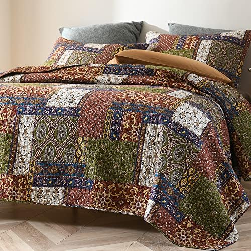 VISIMISI Cotton Reversible Patchwork Bedspread Set Brown Queen Size