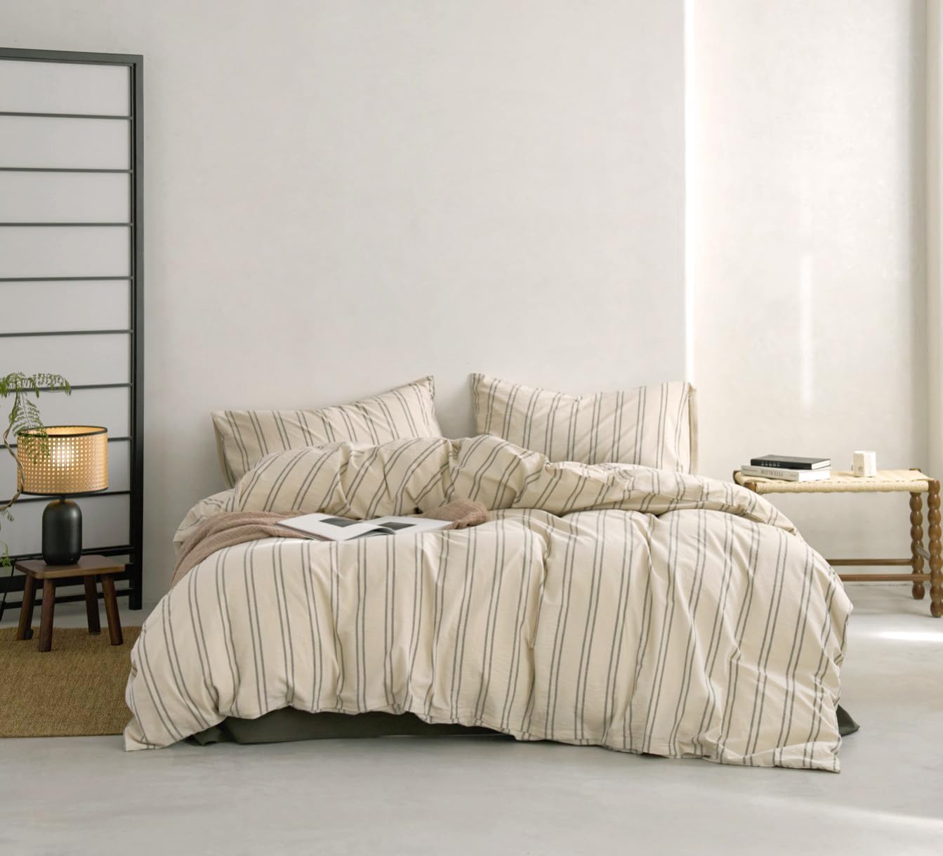 VM VOUGEMARKET Greyish-Green Striped Duvet Cover Set Twin XL