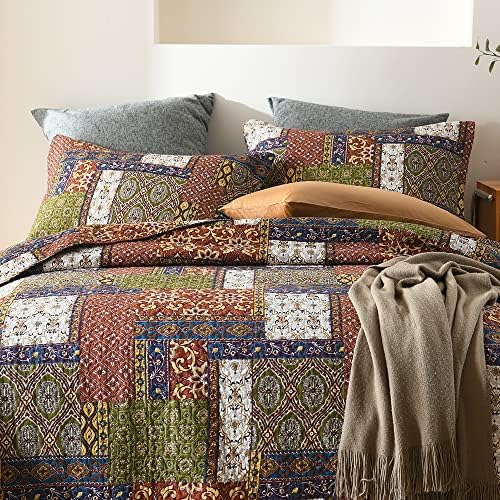 VISIMISI Cotton Reversible Patchwork Bedspread Set Brown Queen Size