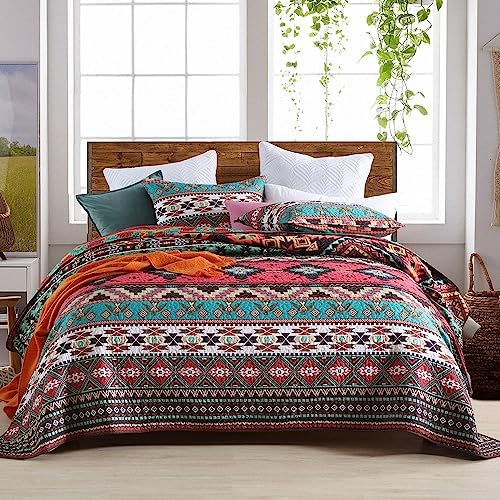 ENASAL Reversible Striped Bohemian Bedspread Set King Size