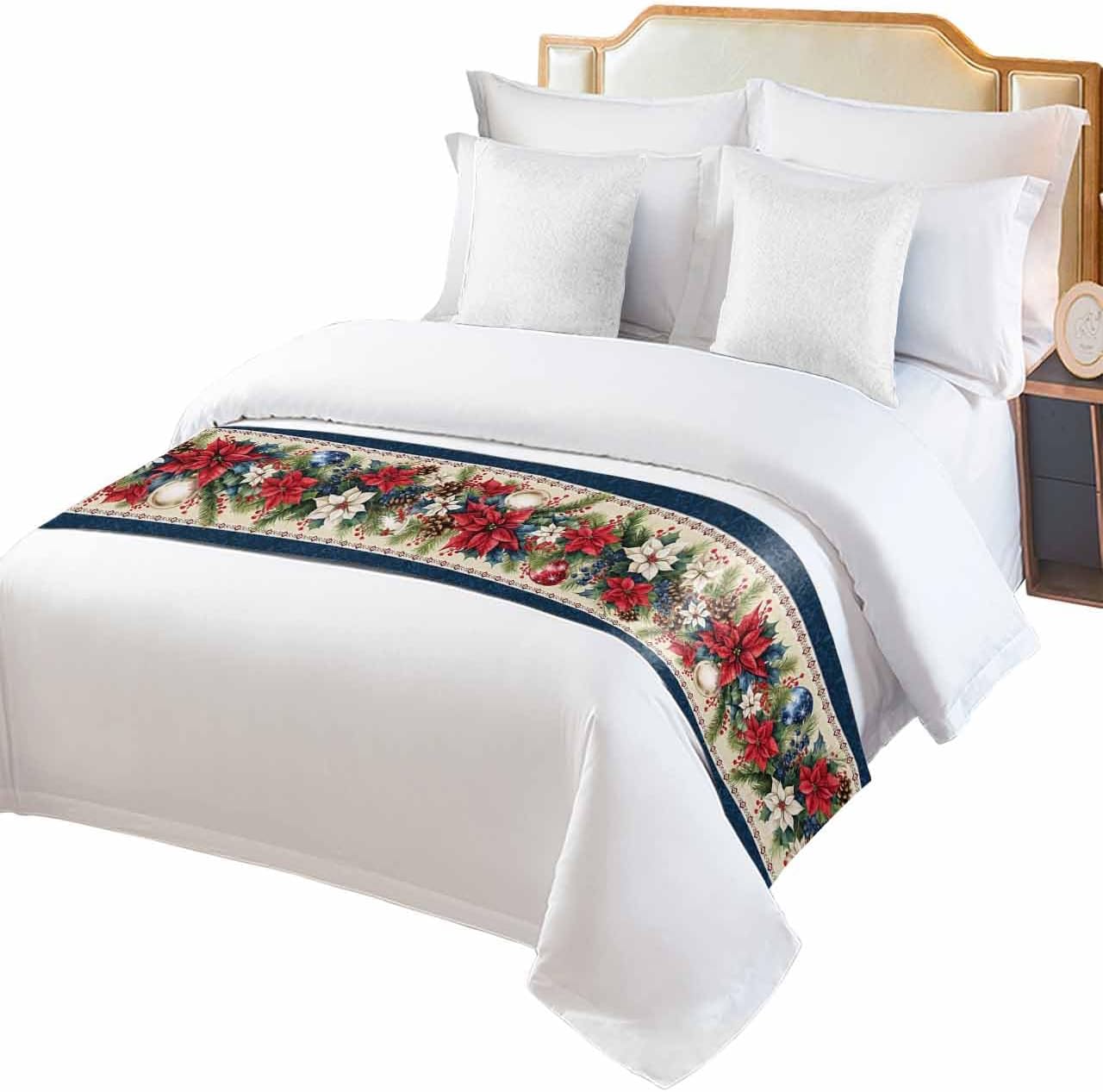 Chucoco Red Poinsettia Bed Runner Scarf Queen Size