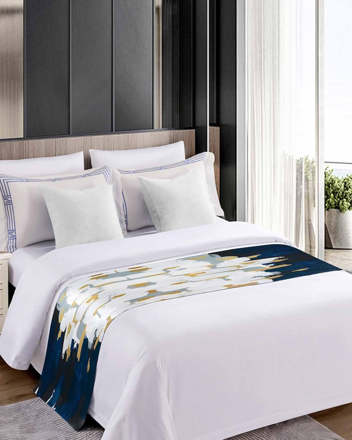 Sabolny Blue White Bed Runner Scarf Full Queen Size