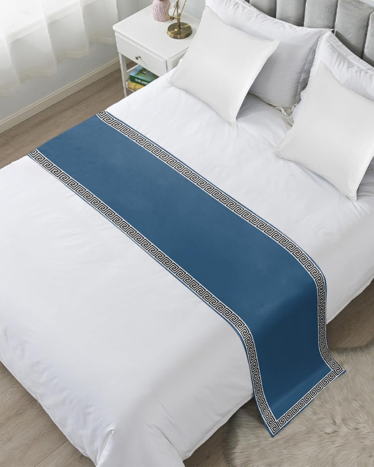 Teamery Bed Runner and Scarf - Simple Chinese Pattern Blue 71 x 20 Inches