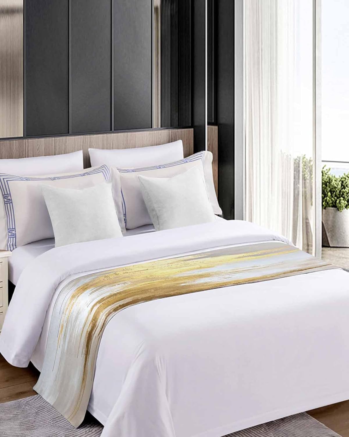 Gold Grey Bed Runner Scarf for California King Size