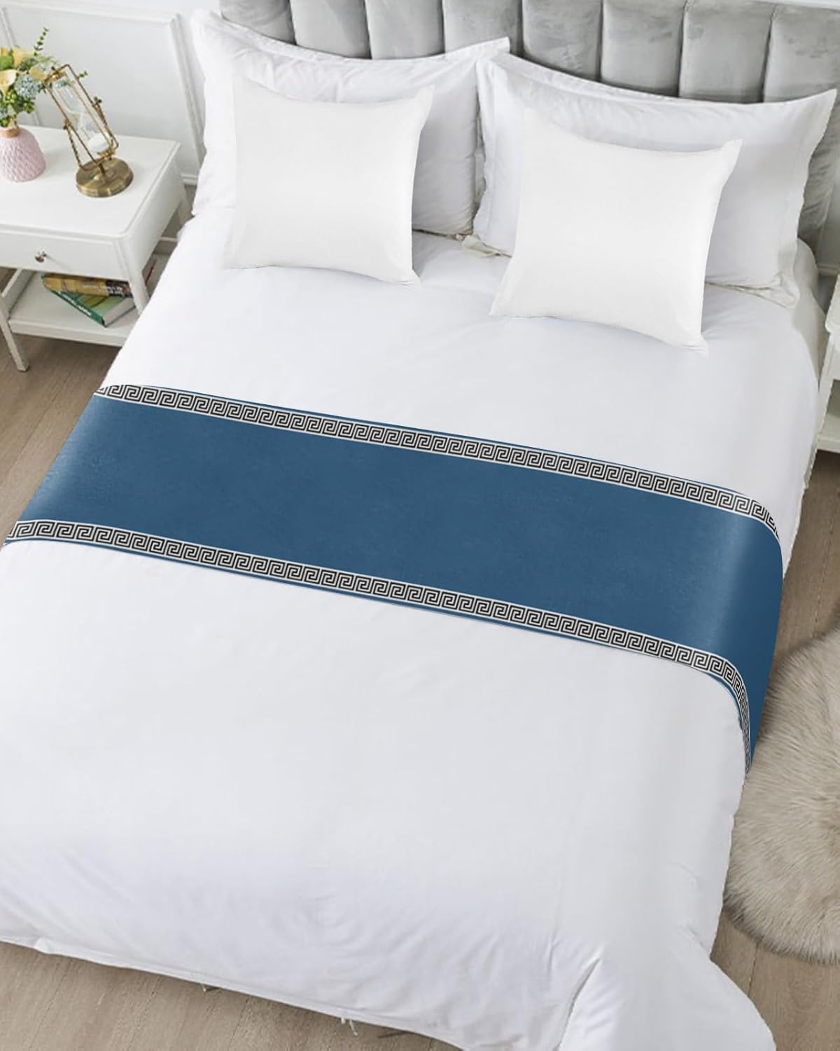 Teamery Bed Runner and Scarf - Simple Chinese Pattern Blue 71 x 20 Inches