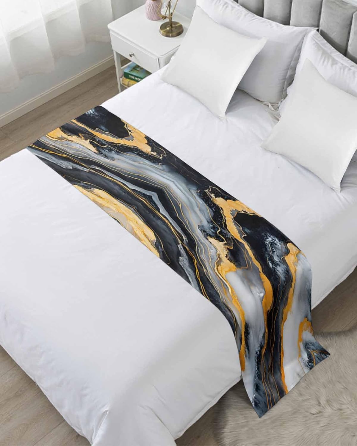 Sabolny Marble Black Gray Bed Runner Scarf Cal King