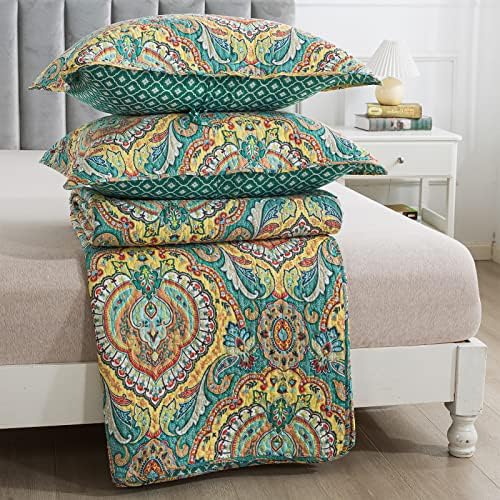 VAPUTAR Quilt Queen Bedding Set Yellow Blue 3 Pieces