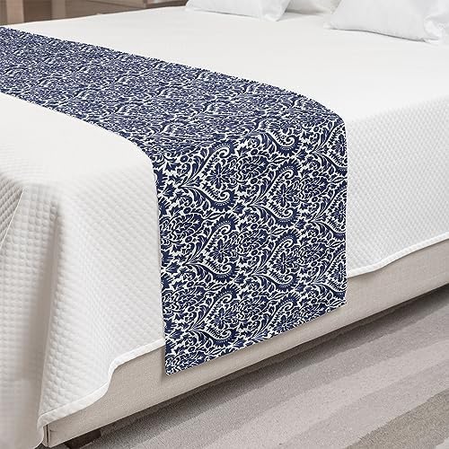 Ambesonne Victorian Bed Runner Baroque Damask Motif Queen Size Indigo and White